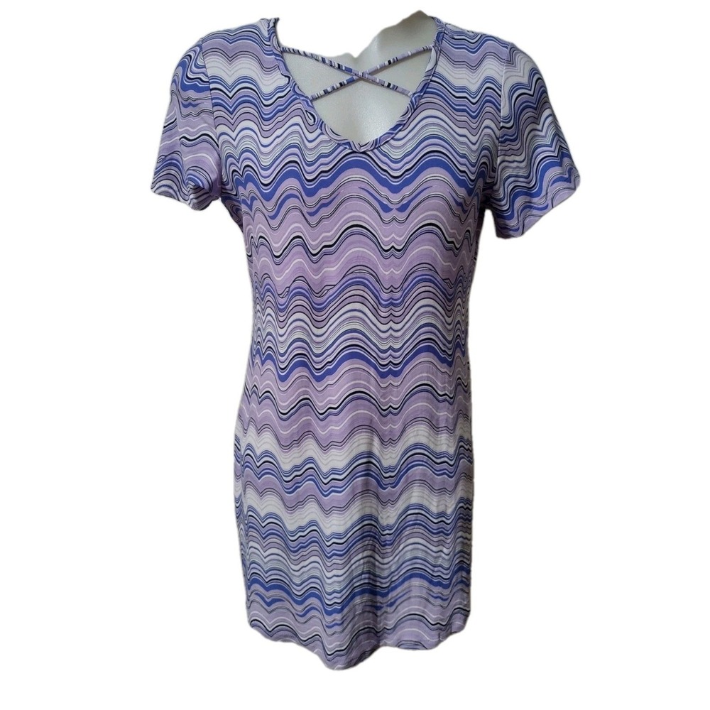 Just Be Dress Women's Size 1X Short Sleeve V-Neck Purple Striped Stretch Soft - Picture 10 of 10